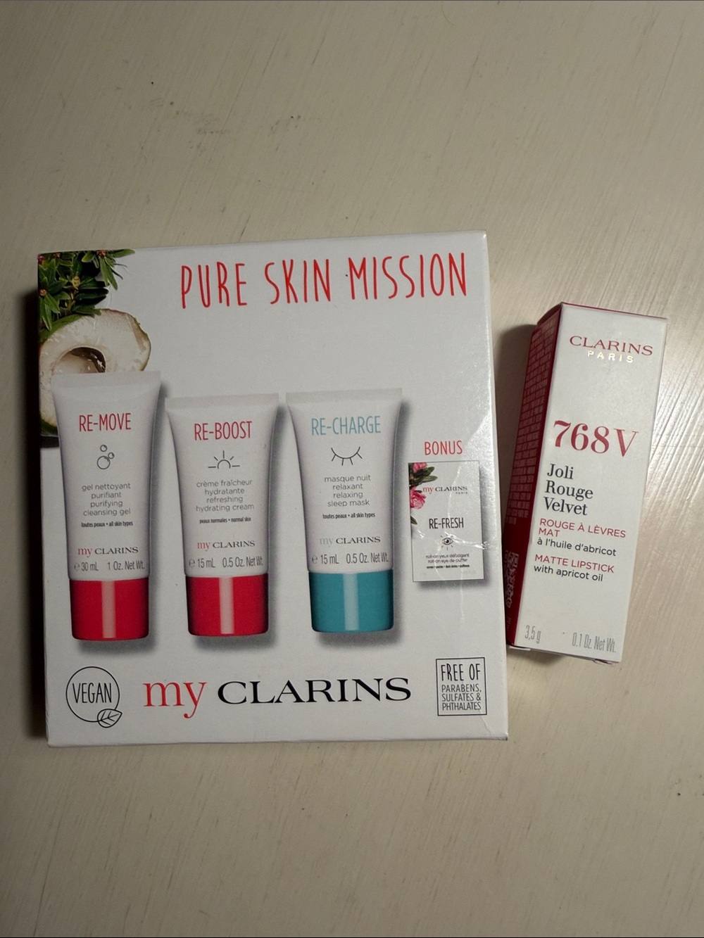 Clarins pure skin mission skincare set & 768 strawberry matte lipstick w/apricot